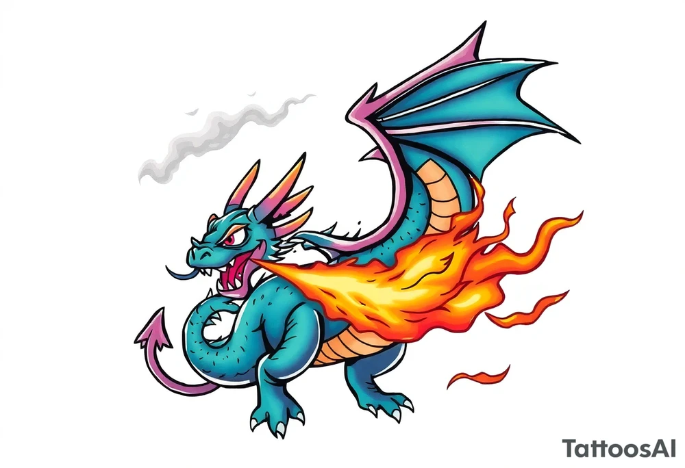fierce dragon breathing iridescent fire against stormy skies tattoo idea