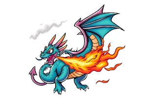 fierce dragon breathing iridescent fire against stormy skies tattoo idea