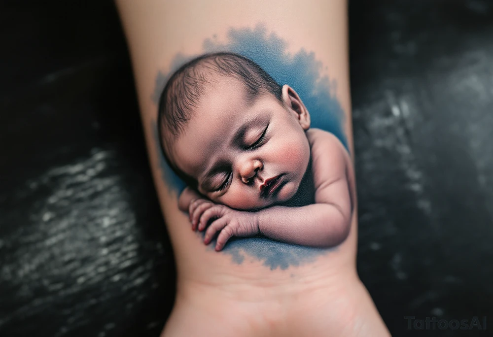 A realistic portrait of a sleeping baby boy in black and grey, with a soft blue background fade. tattoo idea