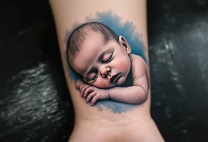 A realistic portrait of a sleeping baby boy in black and grey, with a soft blue background fade. tattoo idea