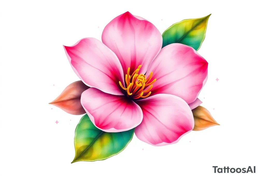 pink camelia flower with leaves and stem tattoo idea
