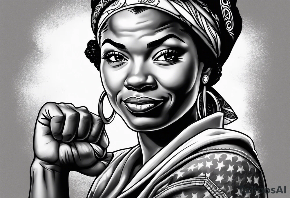 Beautiful black Rosie the riveter, making a muscle, realistic, wearing a bandanna, tied backwards,single mom, perseverance, dedication, loyal, African, strength, matriarch, tattoo idea