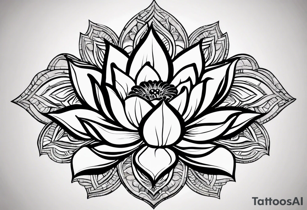 Make a strong looking combination of a  lotus flower, stone, a science helix and a Greek delta that will take up the upper left portion of my back. you will see within the lotus’s leaves should a rocky area to symbolize strength, a helix to symbolize resiliency and a Greek delta to symbolize transformation. The tattoo should overall represent resiliency and strength and present a strong, firm foundation that displays strength in the face of trauma. Make sure to also be able to identify the rock, the helix and the delta symbol separately and not mixed together tattoo idea