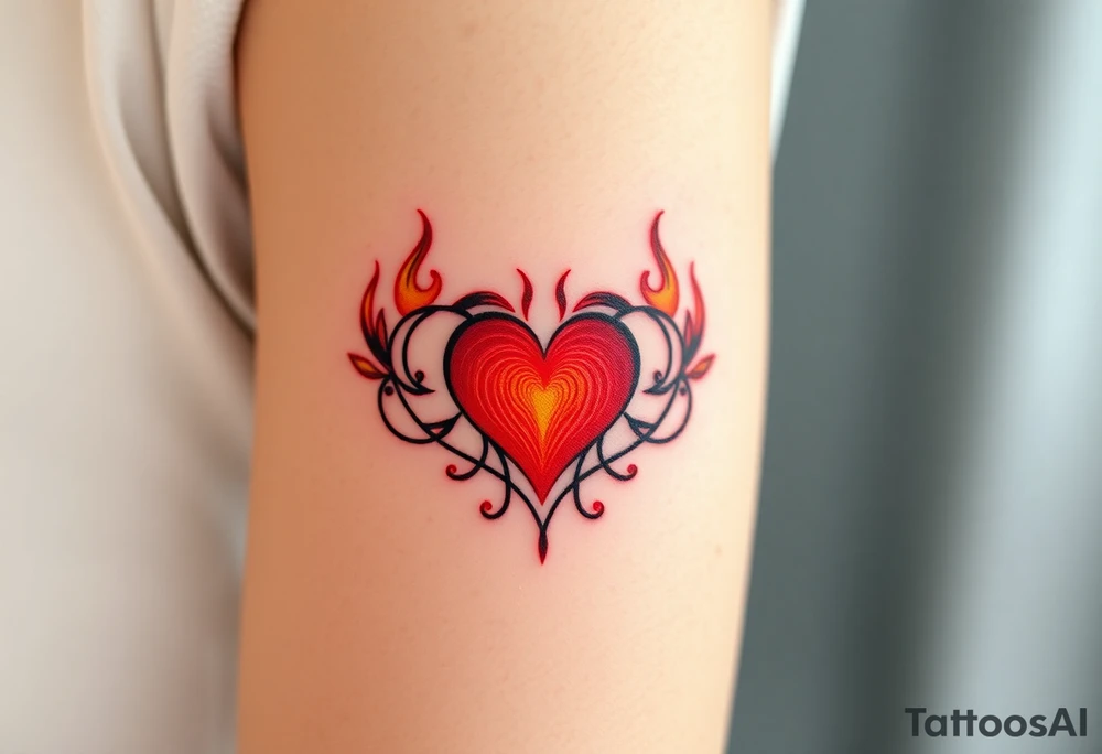 A fiery infinity symbol with a glowing red heart in the center tattoo idea