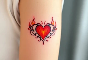 A fiery infinity symbol with a glowing red heart in the center tattoo idea