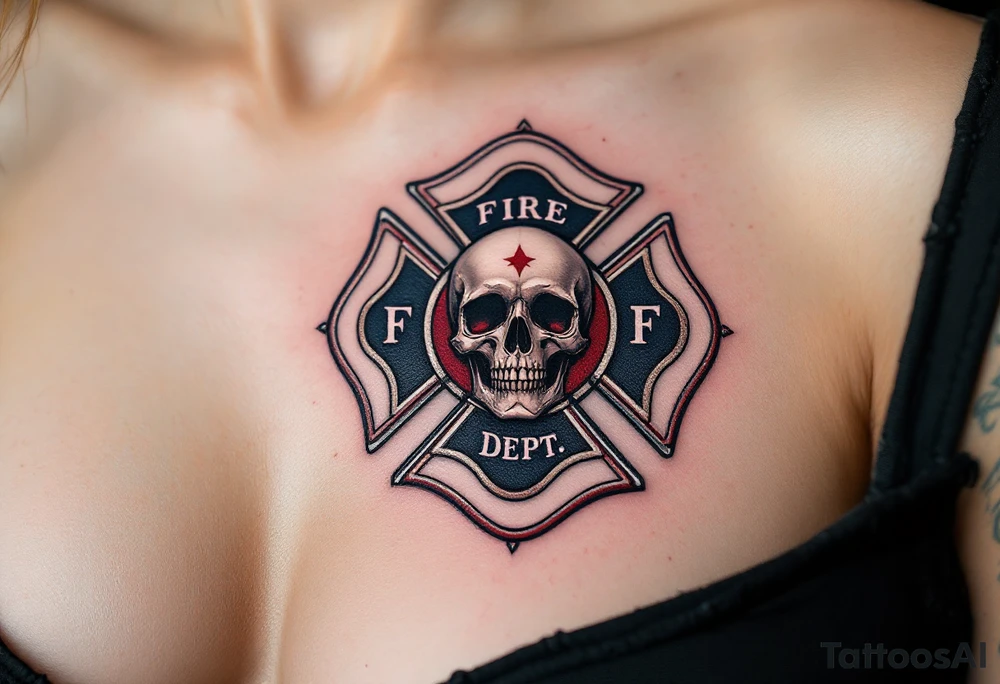 A fire department Maltese cross with a skull in the center, accented with silver and deep crimson tones for a bold, fearless design. tattoo idea