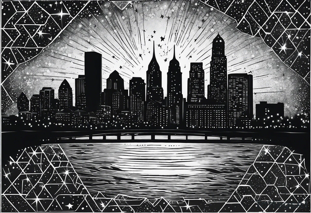 Starry sky with silhouette of Philadelphia skyline. Tattoo is embedded in a hexagonal frame tattoo idea