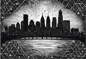 Starry sky with silhouette of Philadelphia skyline. Tattoo is embedded in a hexagonal frame tattoo idea