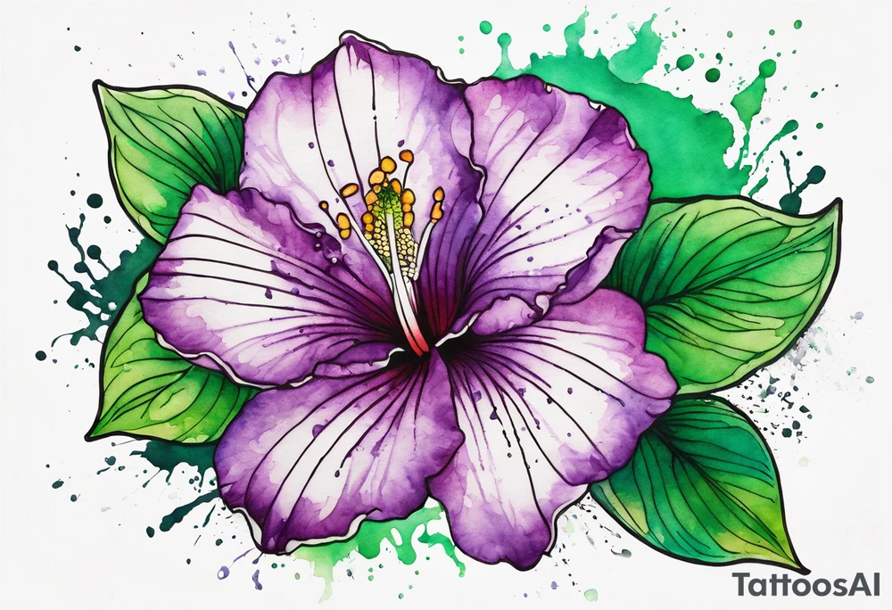 An outline of a green rio dipladenia flower and a green/purple watercolor splash in the background tattoo idea
