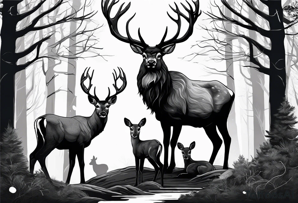 a large majestic male with large antlers, a graceful female and a small fawn. In the background, majestic trees, such as spruce and birch, tattoo idea