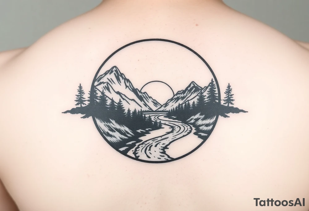 mountains. river and sunrise, let it all be inside one circle. draw a line and divide the circle into two parts, let one part be like day and the other part like night tattoo idea