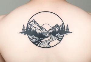 mountains. river and sunrise, let it all be inside one circle. draw a line and divide the circle into two parts, let one part be like day and the other part like night tattoo idea