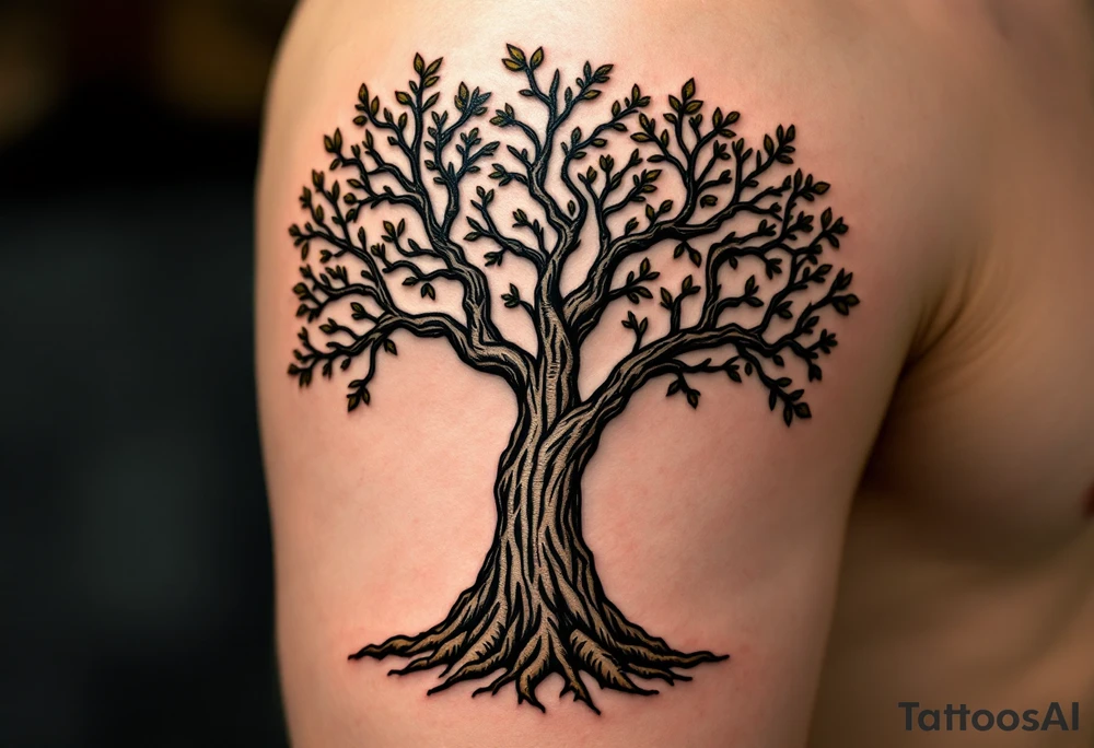 Heart-Shaped Tree with Names in the Bark – A tree whose trunk and branches form a heart shape, with sepia-toned bark engraved with names "Petr, Karel, Dominik, Anna, Dana, Julie". tattoo idea