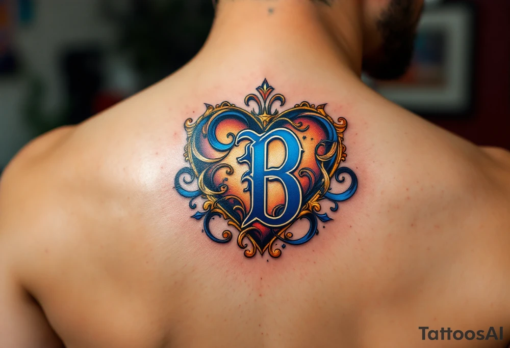 A golden heart with filigree swirls and a deep blue letter "B", evoking a royal and elegant feel. tattoo idea