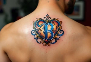 A golden heart with filigree swirls and a deep blue letter "B", evoking a royal and elegant feel. tattoo idea