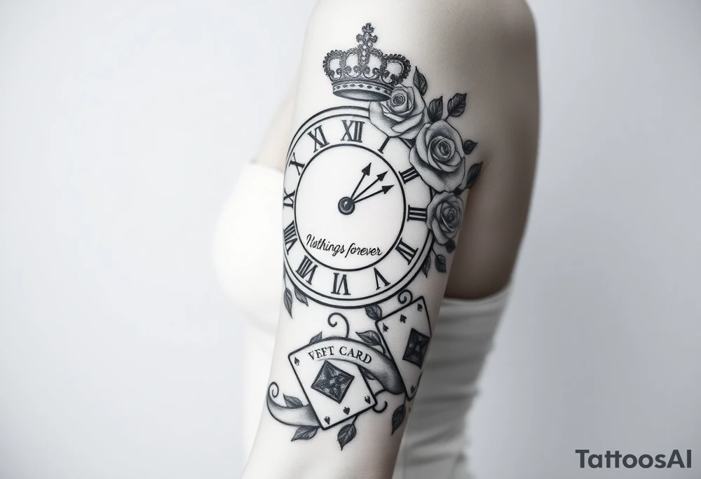 Roman clock with roses and a crown,  a quote that says nothings forever. and on the bottom a deck of cards tattoo idea