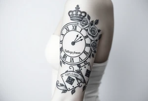 Roman clock with roses and a crown,  a quote that says nothings forever. and on the bottom a deck of cards tattoo idea