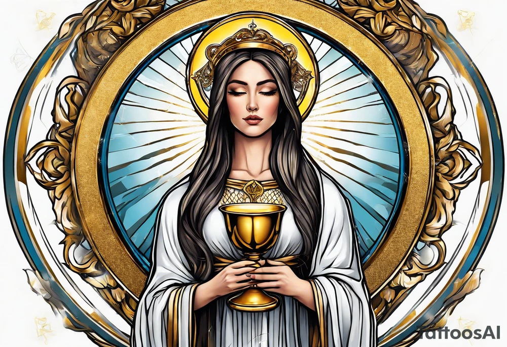 holy saint woman turned away with golden halo holding a chalice tattoo idea