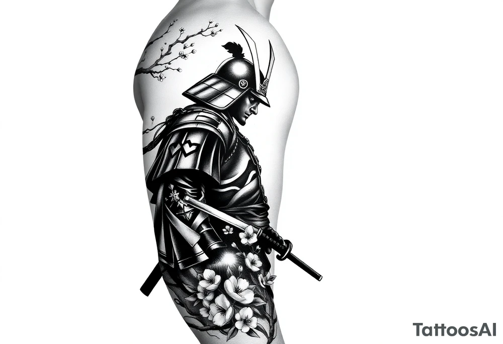 noble samurai warrior silhouette at sunset with cherry blossoms tattoo idea