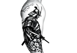 noble samurai warrior silhouette at sunset with cherry blossoms tattoo idea