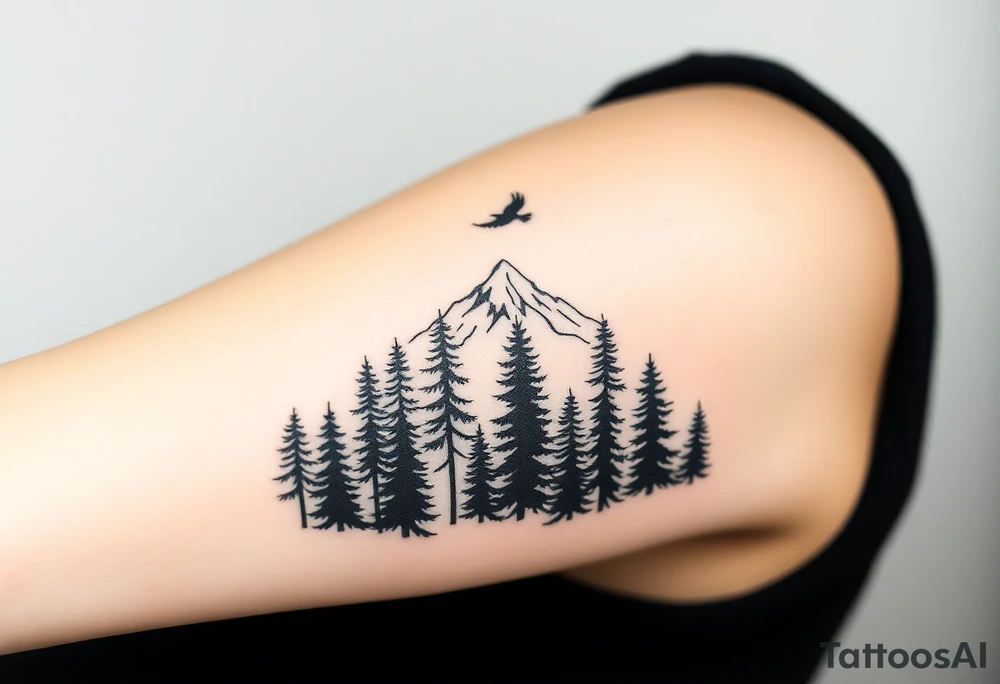 Tall pine trees thinning out, revealing a mountain horizon. Small bird flying above. Forest to clarity transition tattoo idea