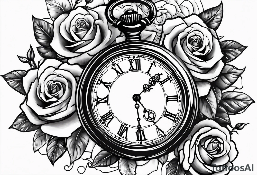 Pocket watch with chain and roses tattoo idea