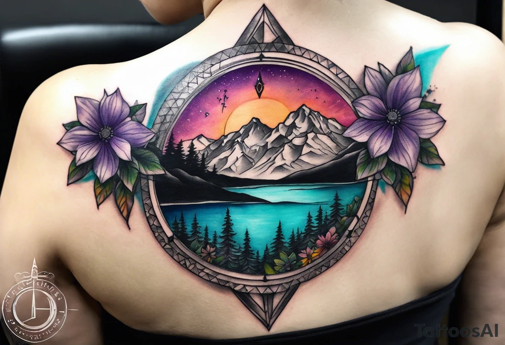 half sleeve tattoo on my shoulder. It features a mountain range, with a compass rose rising up from behind the mountain like a sunrise. In front of the mountains, there are purple and teal flowers. tattoo idea