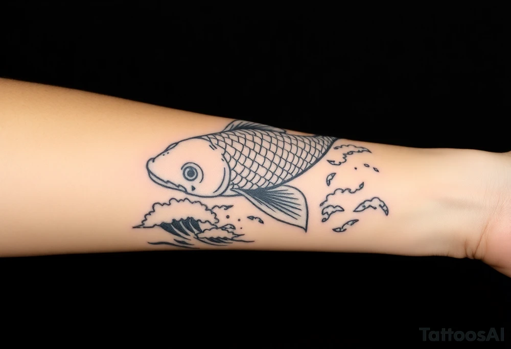 traditional koi fish swimming upstream through turbulent waves tattoo idea