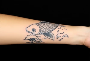 traditional koi fish swimming upstream through turbulent waves tattoo idea