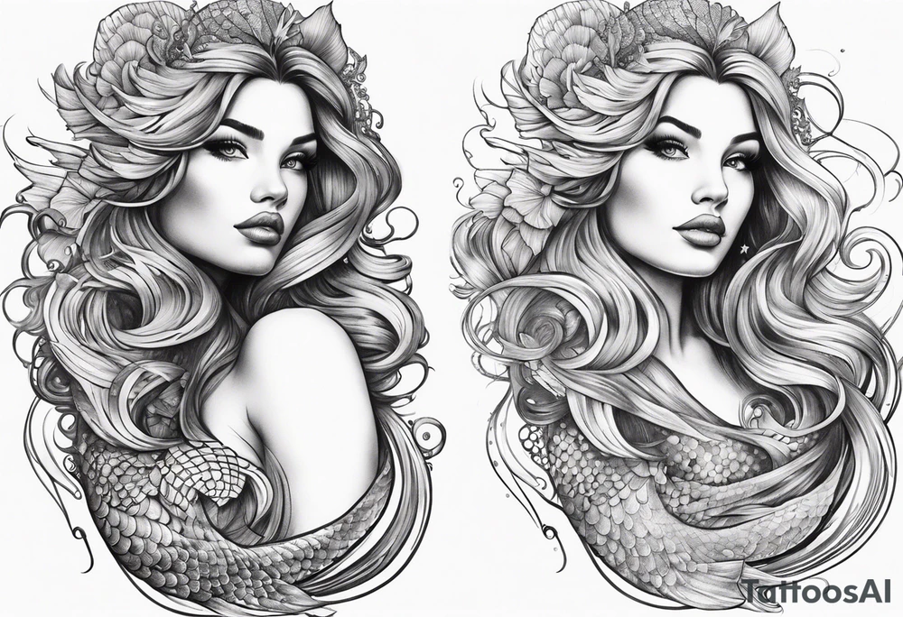 sexy goddess mermaid with flowing hair and long flowing tail with scales and tattoos combine the favorites tattoo idea