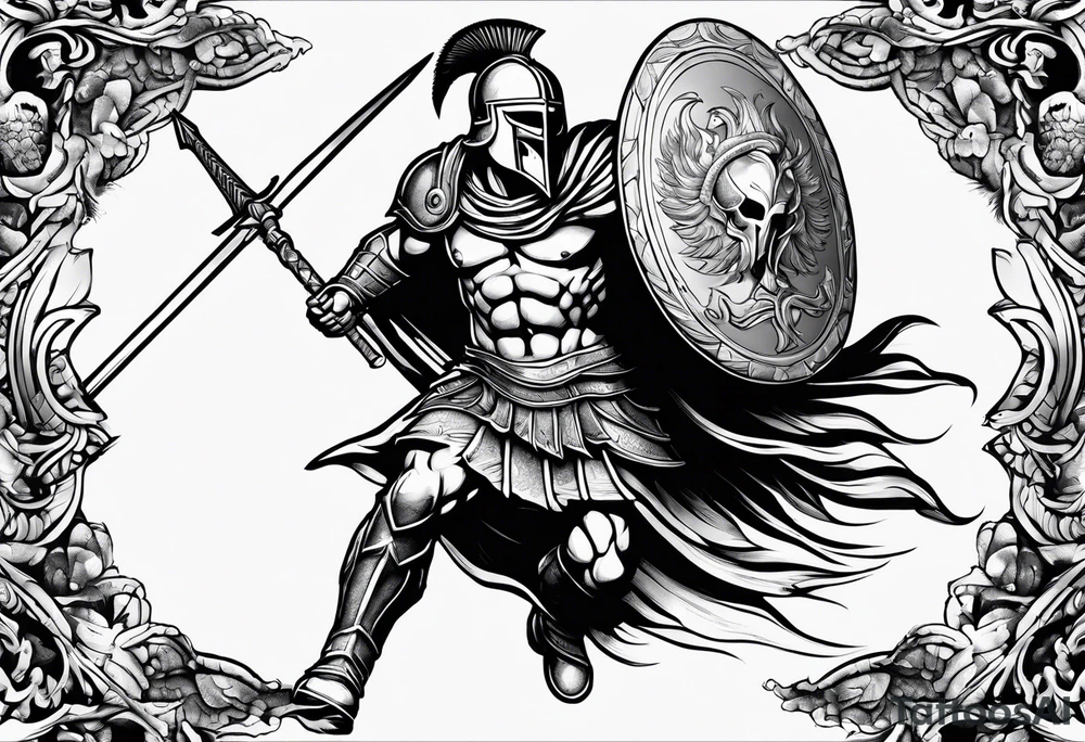 Spartan Warrior with spear
 trampling the weak and hurdling the dead tattoo idea