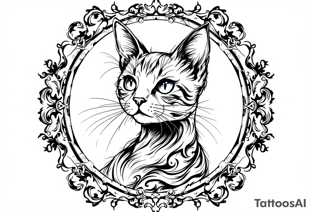 Neo traditional cat in an ornate frame tattoo idea
