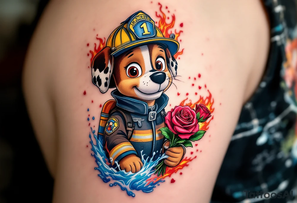 Marshall in firefighter gear, holding a bouquet of red roses in his paw, with fire and water elements blending around him in bright reds, oranges, and blues. The bouquet’s petals are detailed with gold highlights. tattoo idea