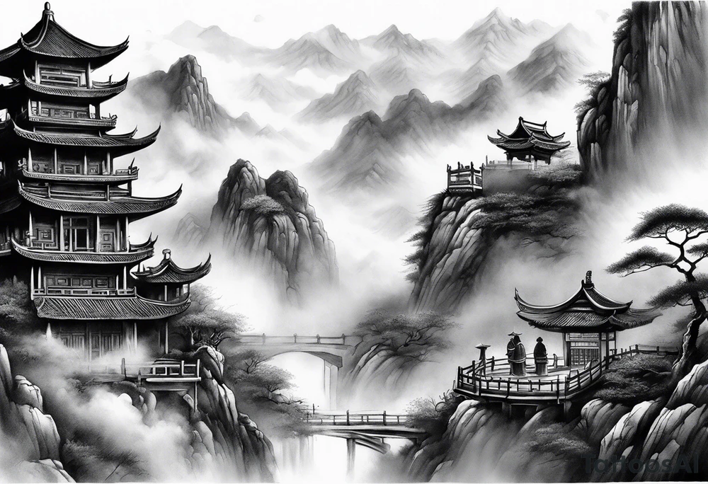 forearm sleeve traditional chinese art painting Chinese temple two old men wearing robes and drinking tea mountains mist fog waterfall tattoo idea