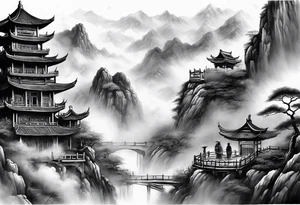 forearm sleeve traditional chinese art painting Chinese temple two old men wearing robes and drinking tea mountains mist fog waterfall tattoo idea