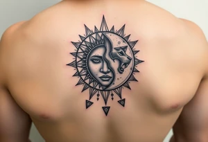 celestial sun and moon embrace with panther constellation patterns tattoo idea