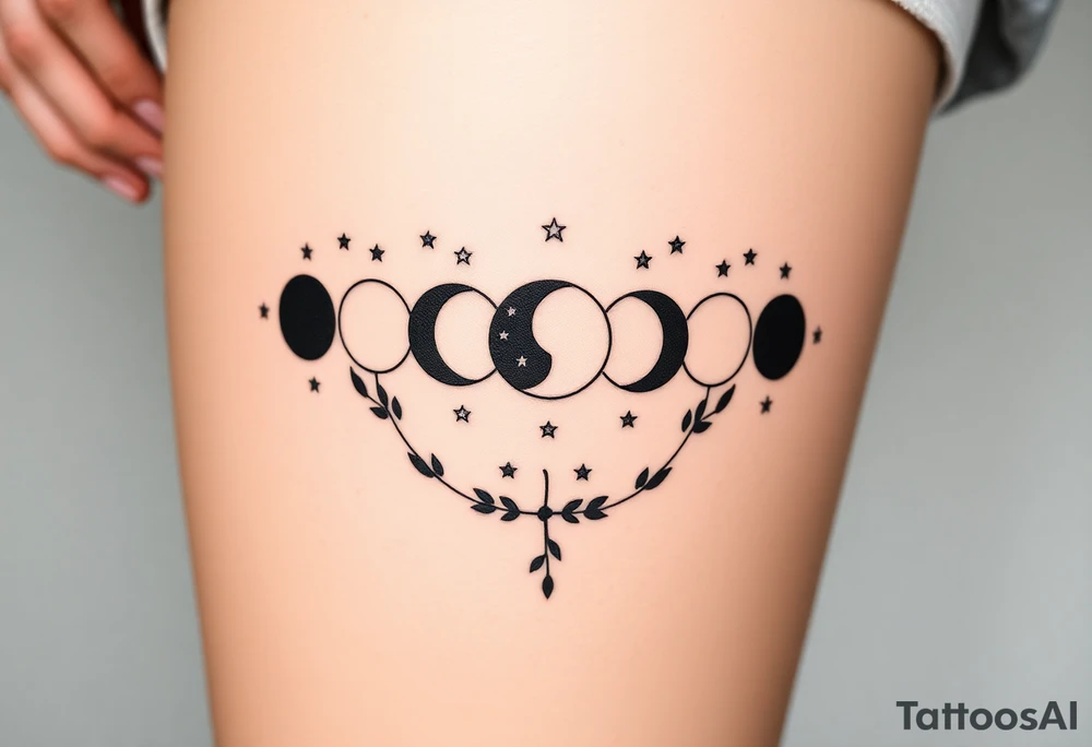 the 9 moon phases lined up vertically with stars and olive branches tattoo idea
