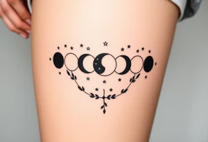 the 9 moon phases lined up vertically with stars and olive branches tattoo idea