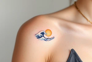 A minimalistic navy wave curves beneath a golden sun, etched on the upper arm. tattoo idea