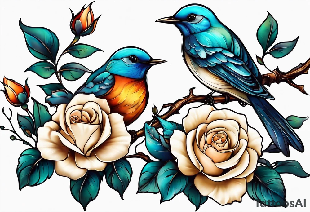 Two birds sitting on a stem of White roses with another bird flying in to land on stem tattoo idea