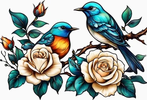 Two birds sitting on a stem of White roses with another bird flying in to land on stem tattoo idea