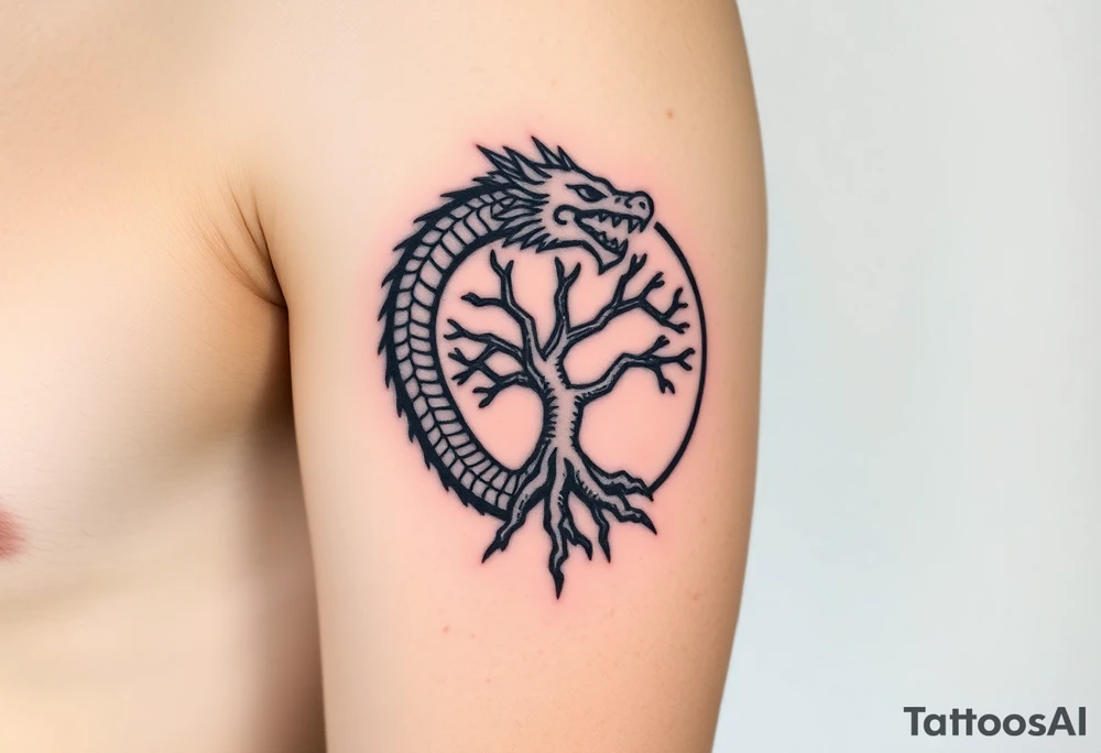 a dragon forming a circle with its body.  the dragon encircles the tree of life.  the dragon is eating the tree. the roots of the tree are strangling the dragon tattoo idea
