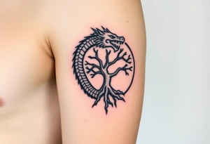 a dragon forming a circle with its body.  the dragon encircles the tree of life.  the dragon is eating the tree. the roots of the tree are strangling the dragon tattoo idea