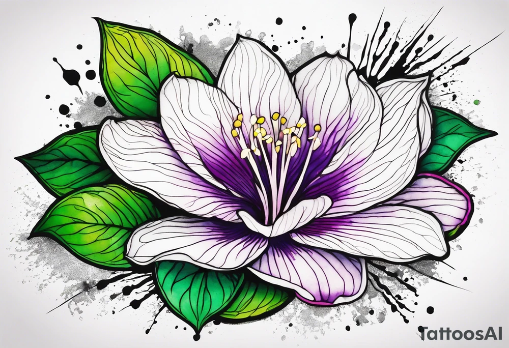 An outline of a rio dipladenia flower with a green and purple watercolor splash in the background tattoo idea