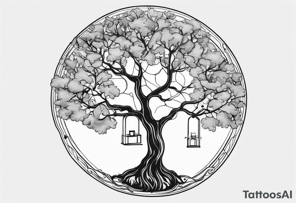 One line tattoo of oak tree with little gift at the bottom tattoo idea