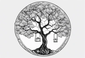 One line tattoo of oak tree with little gift at the bottom tattoo idea