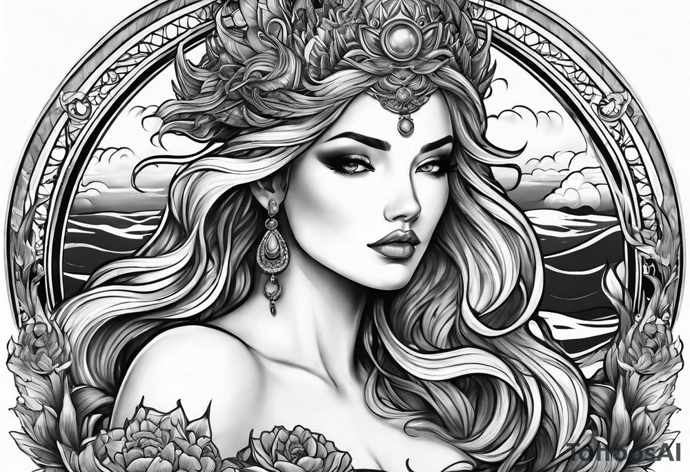 goddess, stormy sea, full length tattoo idea