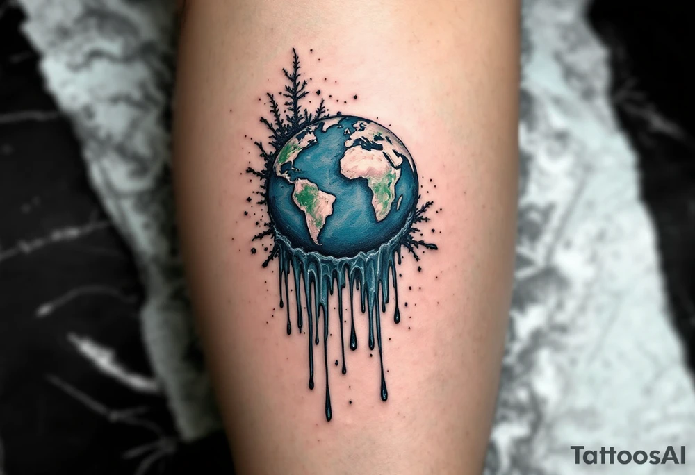 A melting Earth tattoo in icy blue and dull green drips dramatically down the calf. tattoo idea