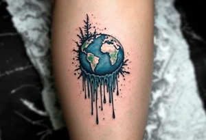 A melting Earth tattoo in icy blue and dull green drips dramatically down the calf. tattoo idea