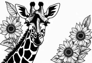 giraffe front view with sunflower and leafs tattoo idea